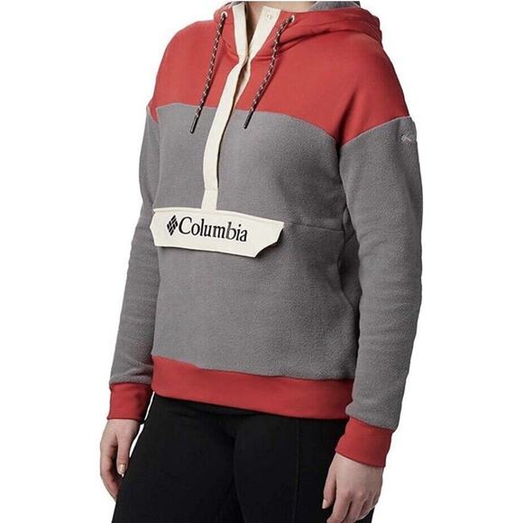 Columbia Women's Exploration Fleece Anorak Hoodie Half Snap Red Gray Size Medium - Picture 1 of 12